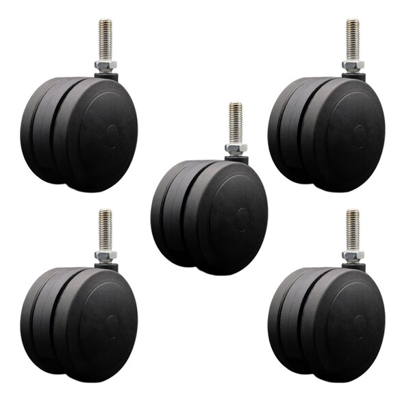 4'' Black Heavy Duty Floor Safe Twin Wheel Caster 1/2'' Threaded Stem, 5PK